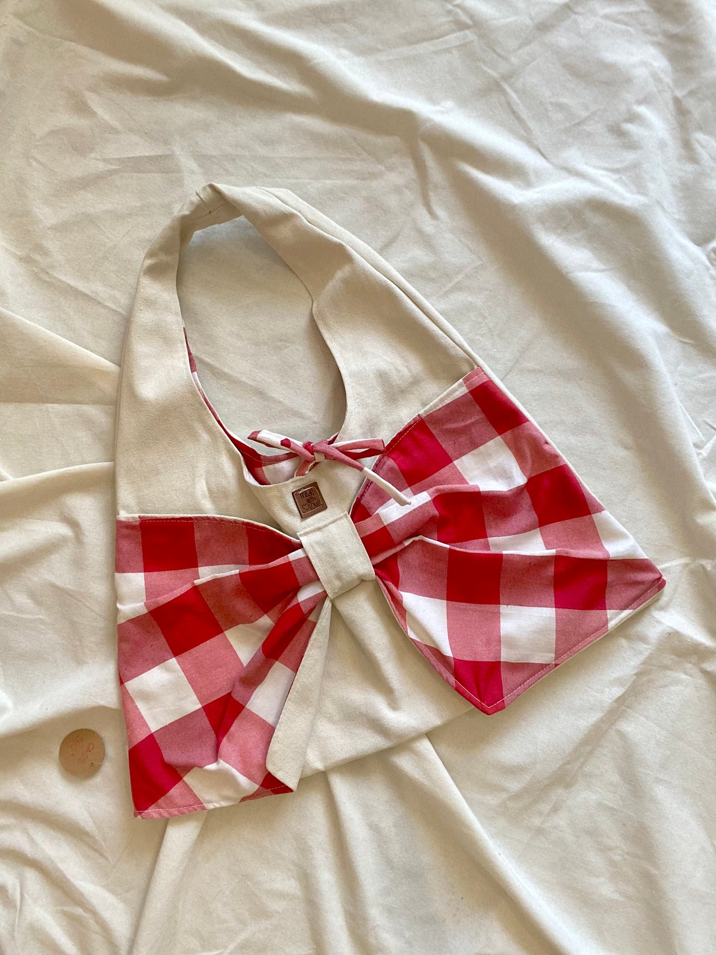 Bow Boho Bag with Checkered Canvas Fabric