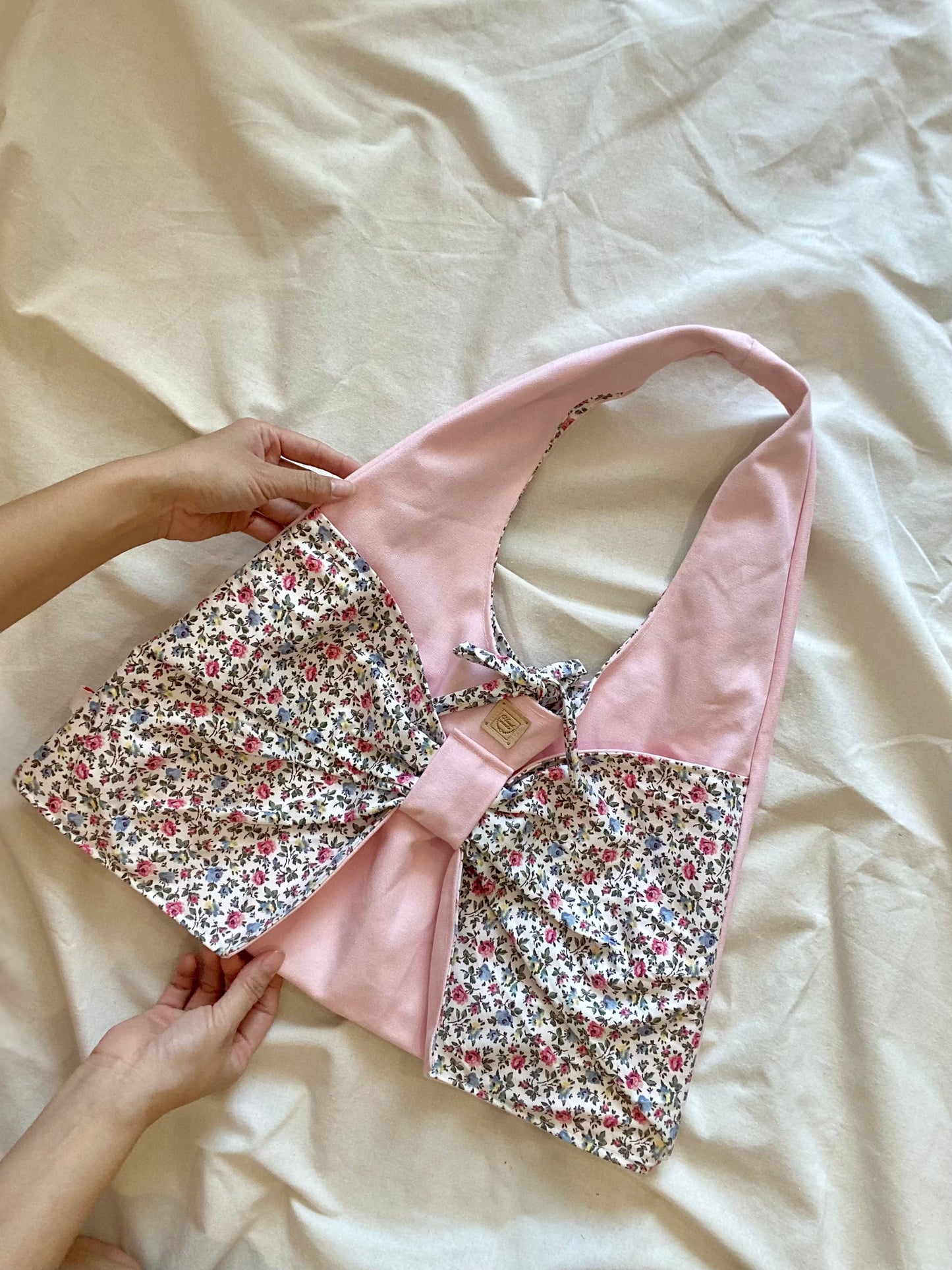 Bow Boho Bag with Baby Pink Canvas Fabric