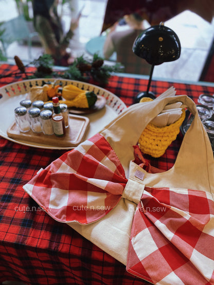 Bow Boho Bag with Checkered Canvas Fabric