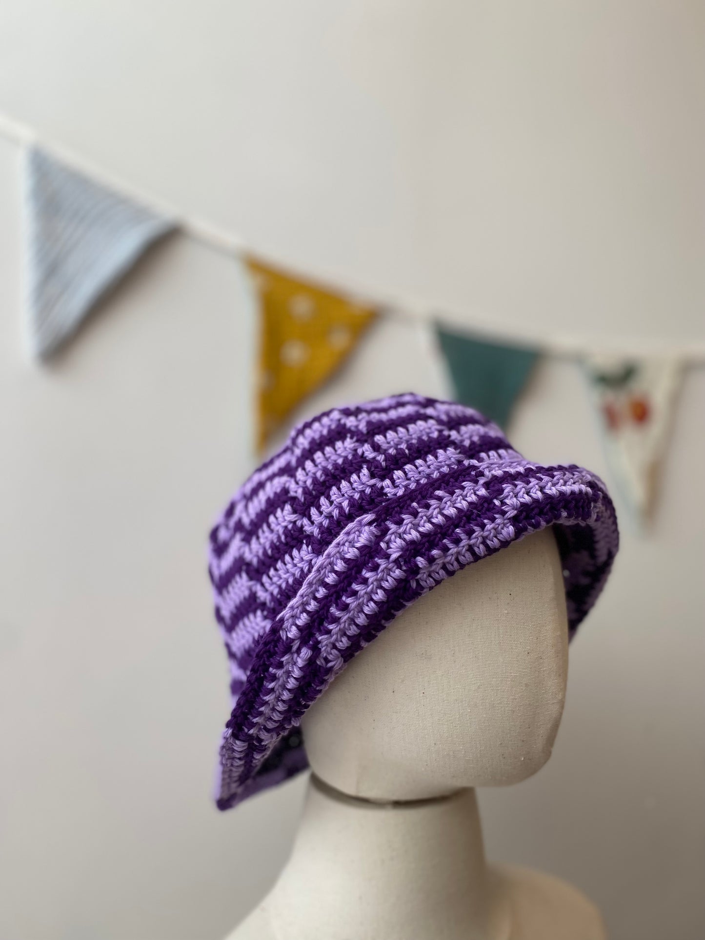 Crochet Wool Bucket Hat with Purple Stripes