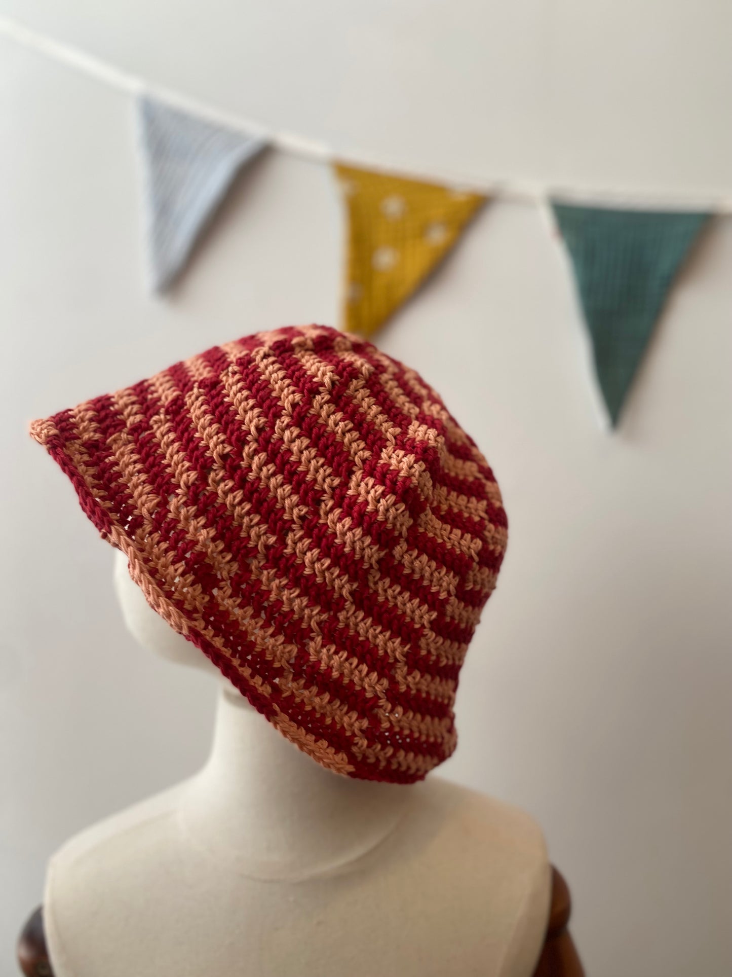 Crochet Wool Bucket Hat with Red Stripes