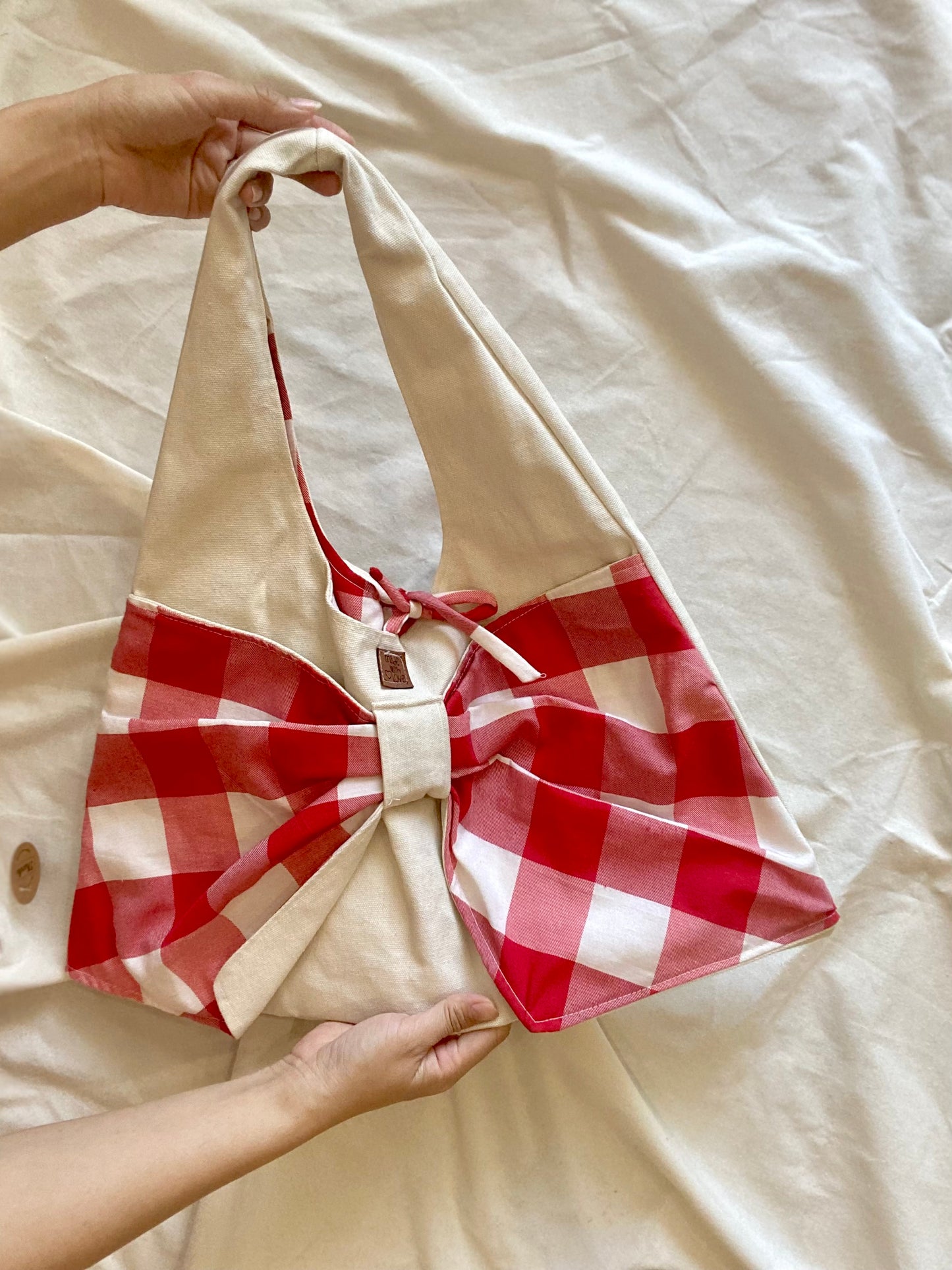 Bow Boho Bag with Checkered Canvas Fabric