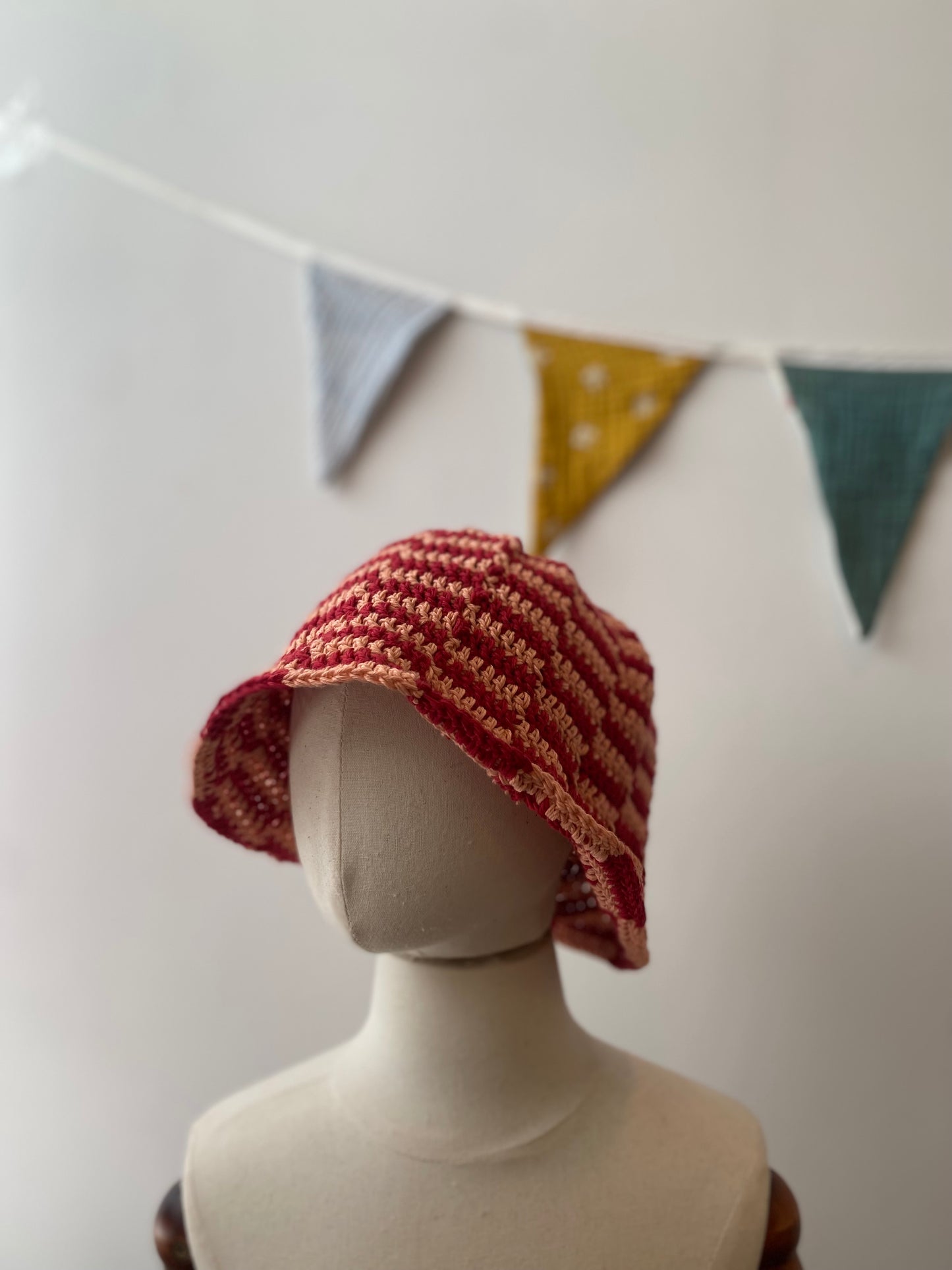 Crochet Wool Bucket Hat with Red Stripes