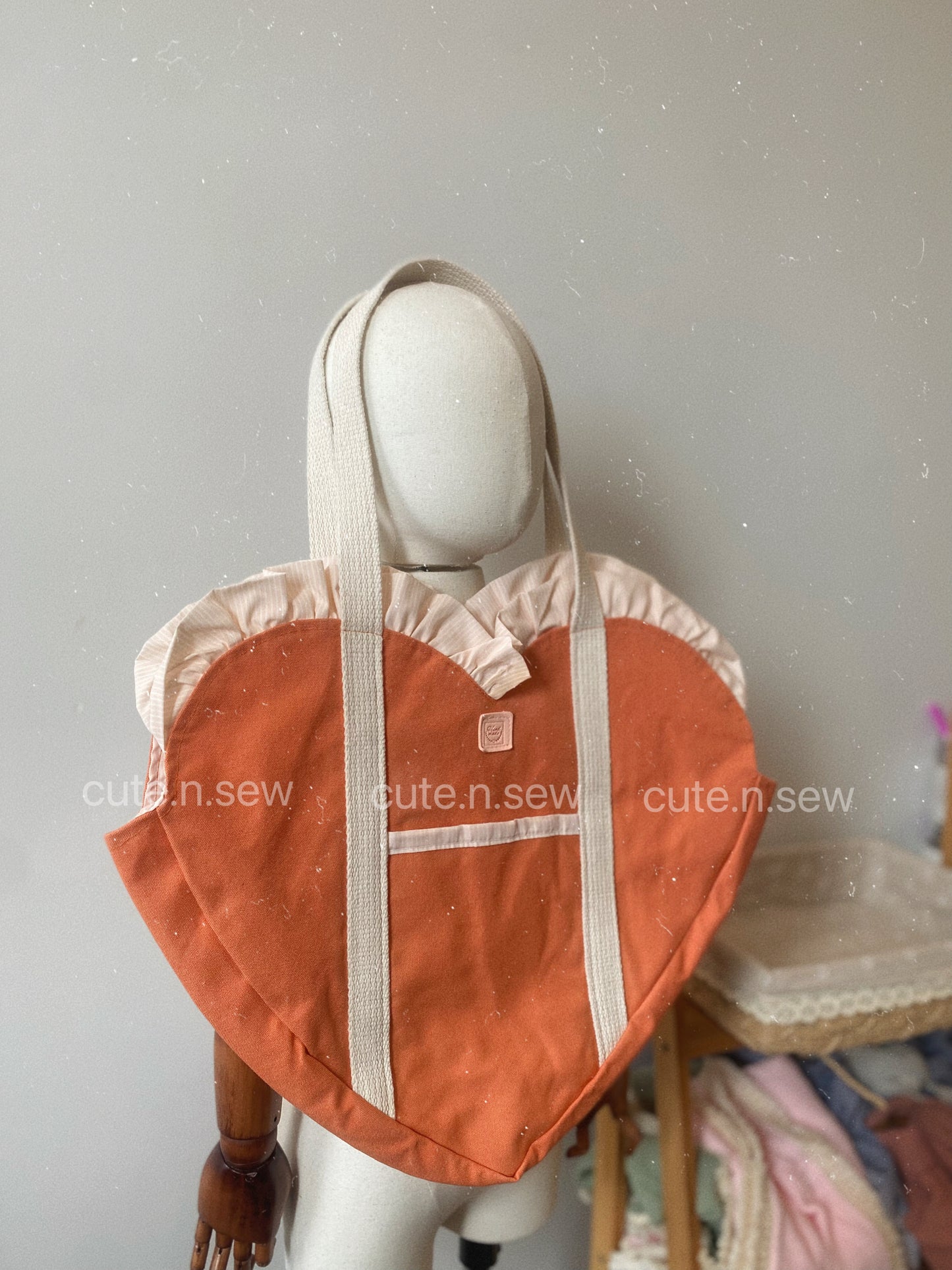 Heart- shaped Tote Bag with Orange Canvas Fabric