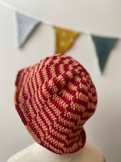 Crochet Wool Bucket Hat with Red Stripes