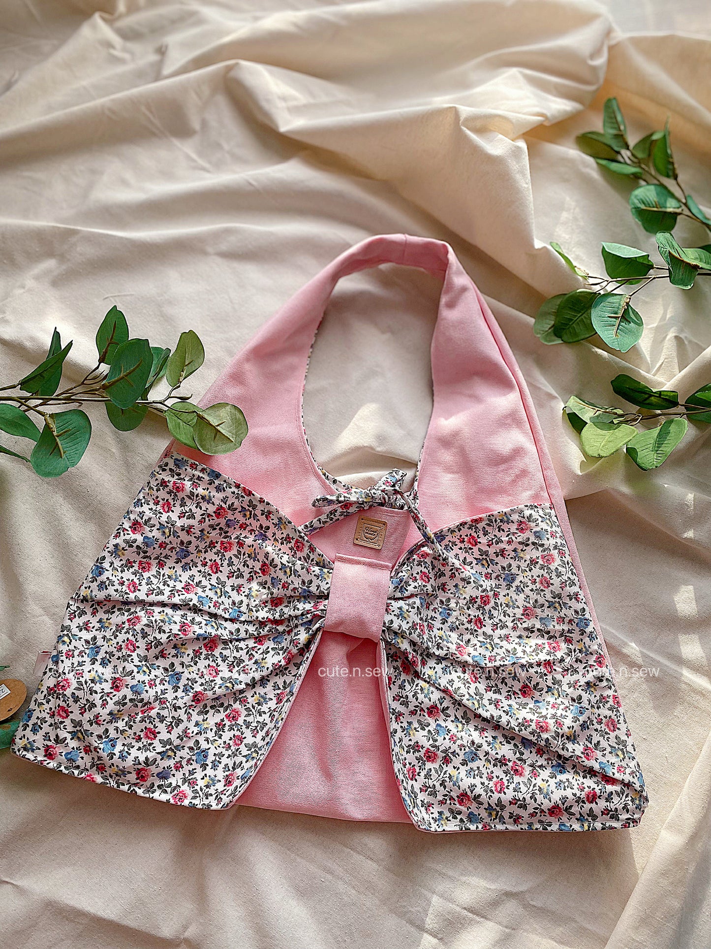 Bow Boho Bag with Baby Pink Canvas Fabric