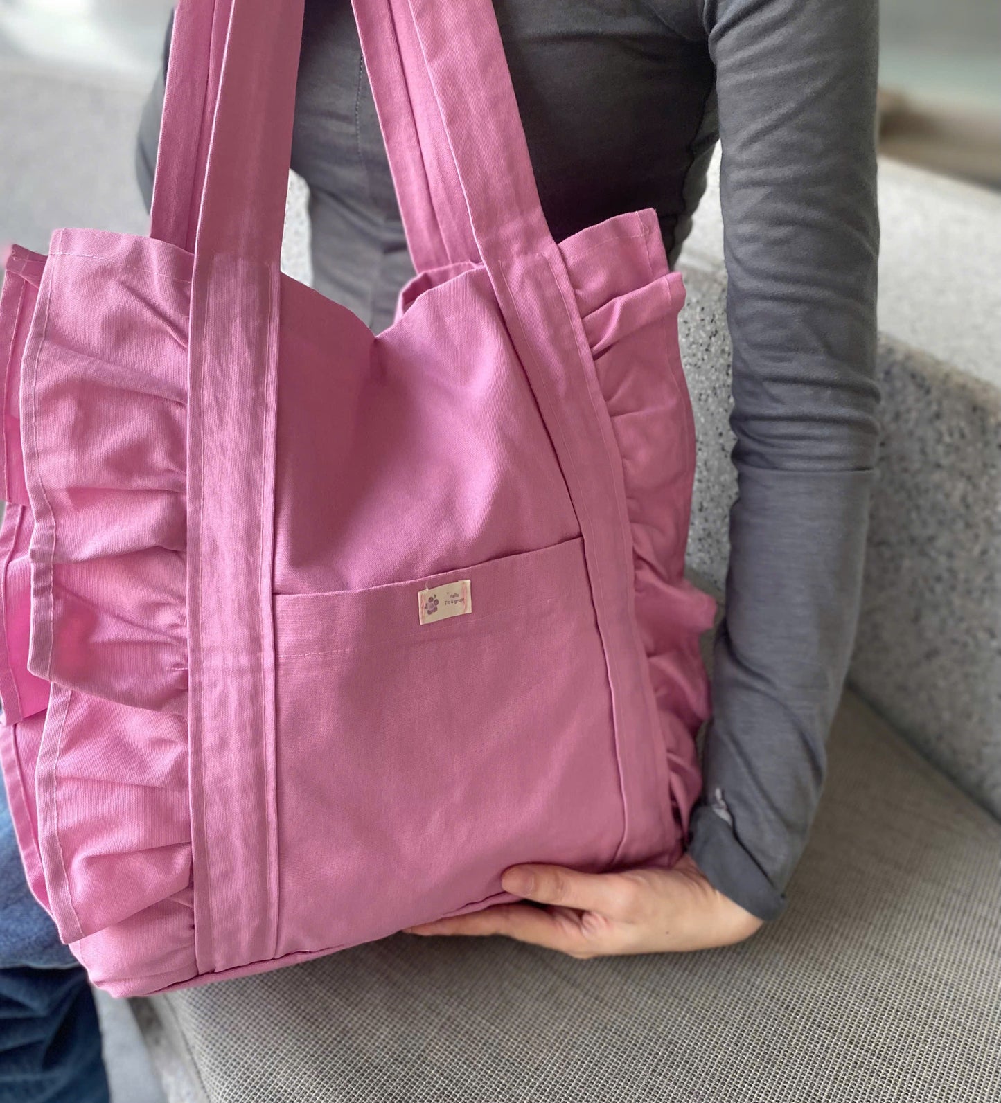 Ruffle Tote Bag with Pink Canvas Fabric