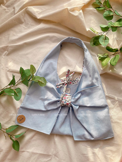 Bow Boho Bag with Baby Blue Canvas Fabric