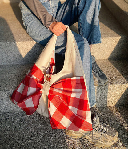 Bow Boho Bag with Checkered Canvas Fabric