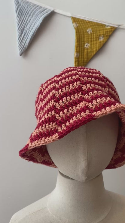 Crochet Wool Bucket Hat with Red Stripes