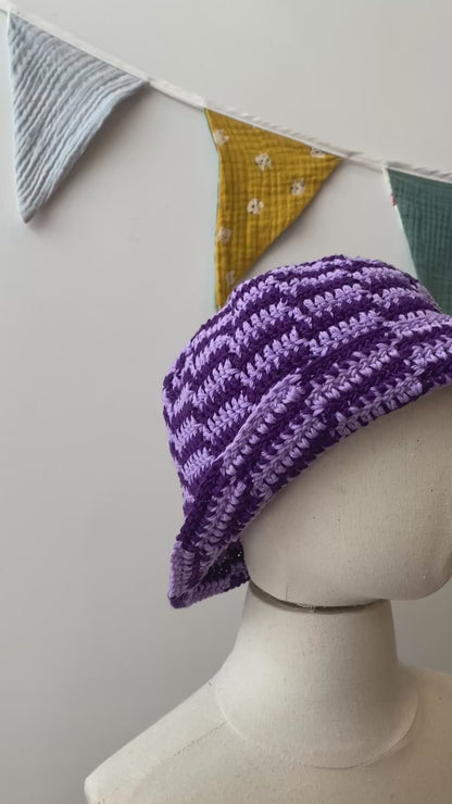 Crochet Wool Bucket Hat with Purple Stripes